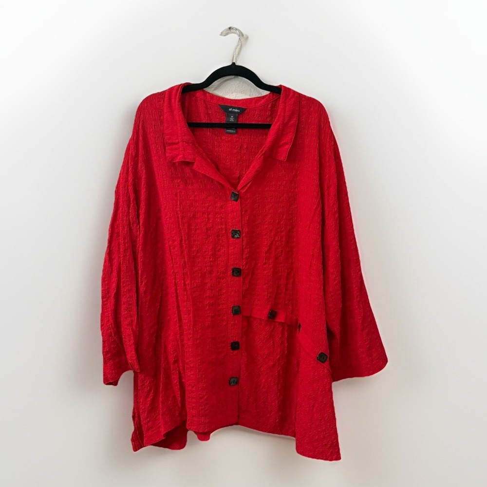 Ali Miles Red Artsy Wired Neck Tunic Blouse Black Buttons 3X Lagenlook Boho